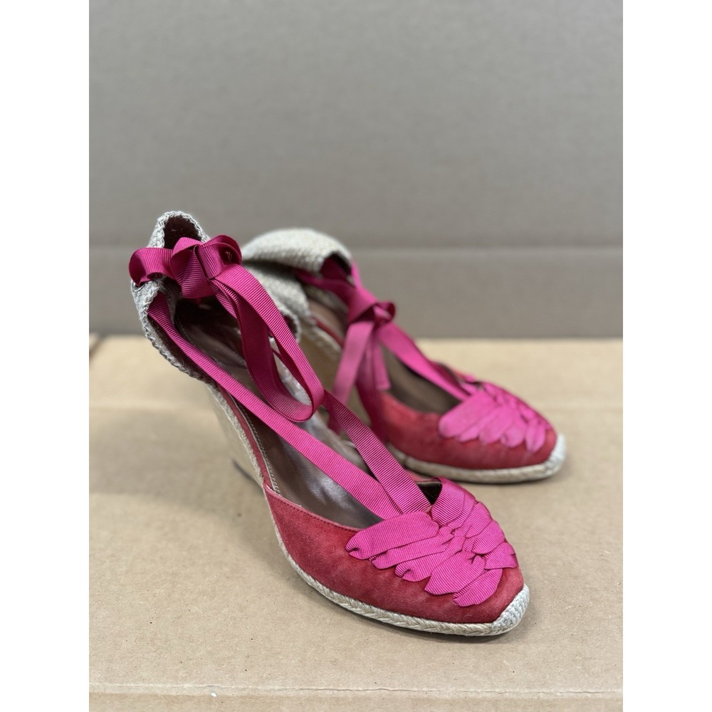Aquazzura Pink Espadrille Wedge Sandals with Ribbon Ties